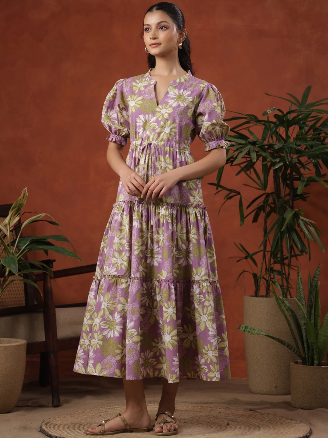 Dhiyona AY Women's Floral Print Tie-Up Tiered Cotton Maxi Fit & Flare Dress