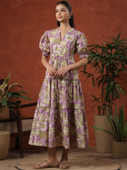 Dhiyona AY Women's Floral Print Tie-Up Tiered Cotton Maxi Fit & Flare Dress