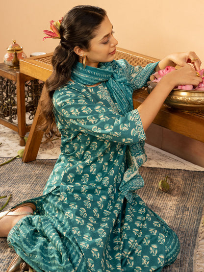 Teal Ethnic Printed Cotton Afghani Salwar Suit Set
