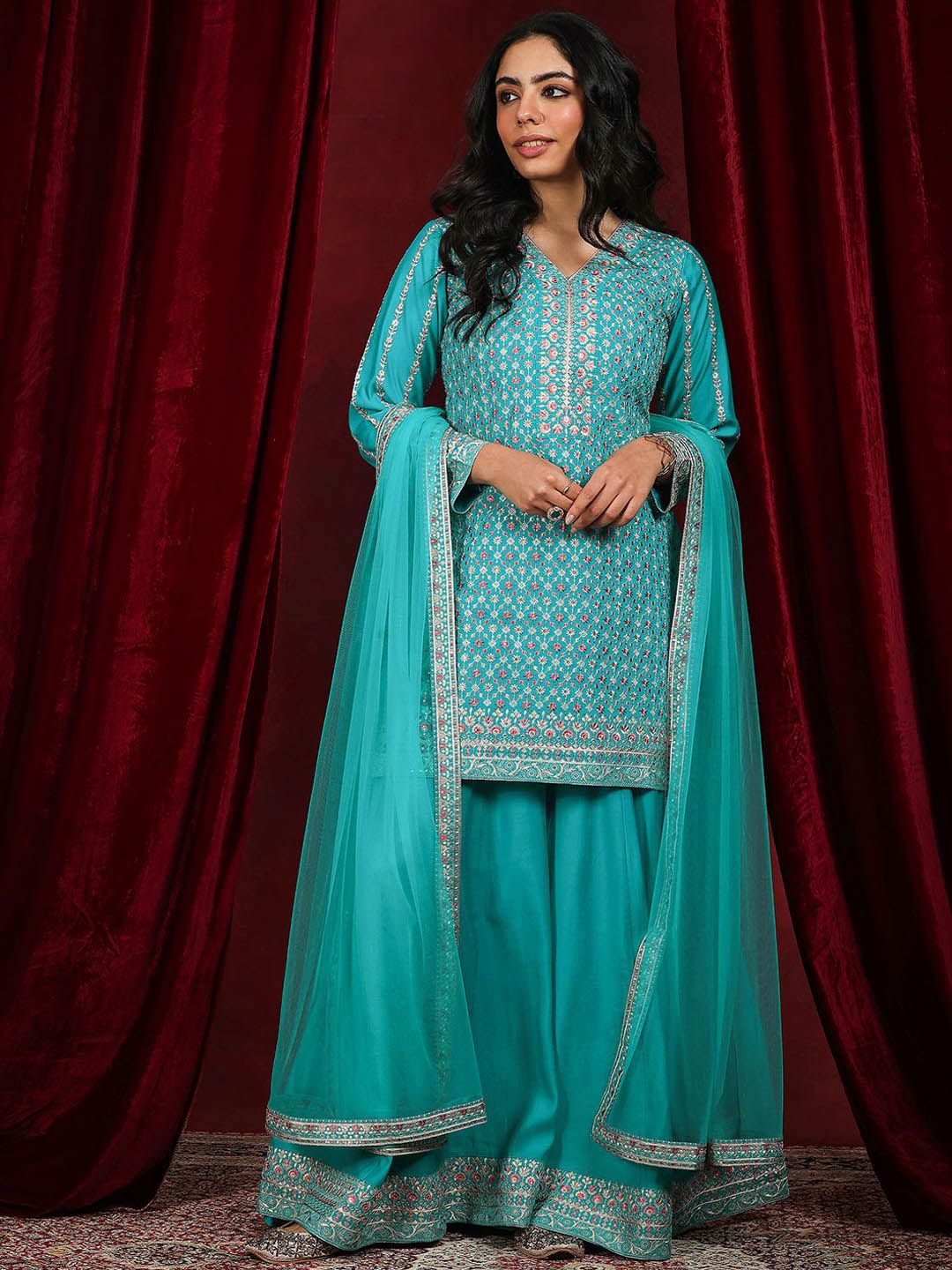 Dhiyona LL Floral Embroidered V-Neck Sequinned Straight Kurta With Palazzos & Dupatta