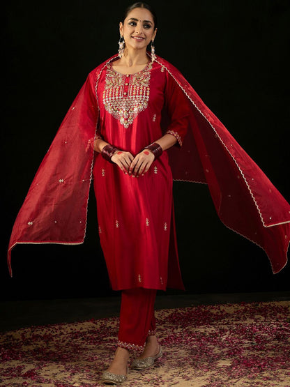 Floral Yoke Design Sequnnied Straight Kurta With Trousers & Dupatta