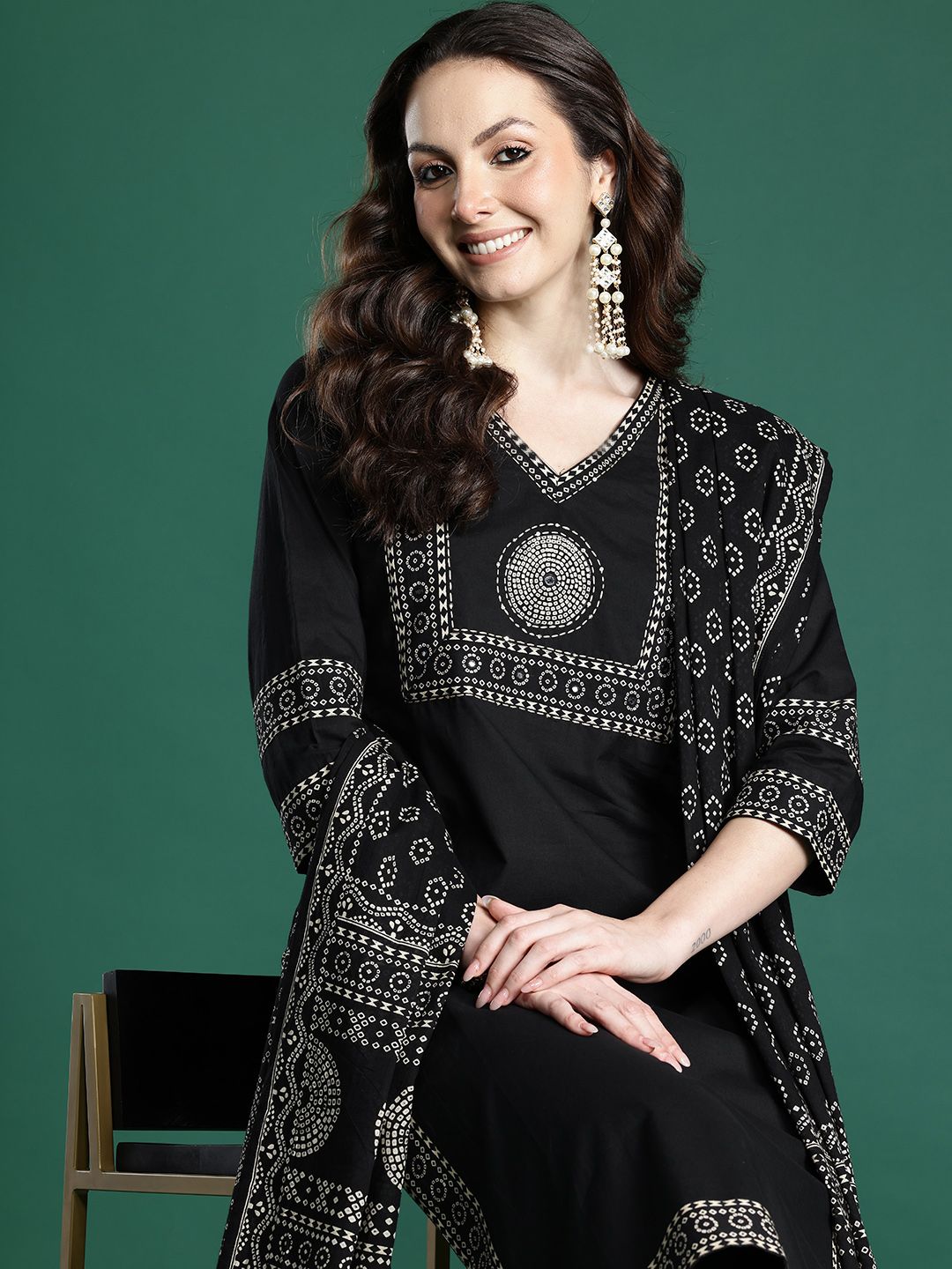 Dhiyona IE Ethnic Motifs Printed Pure Cotton Kurta with Trousers & Dupatta