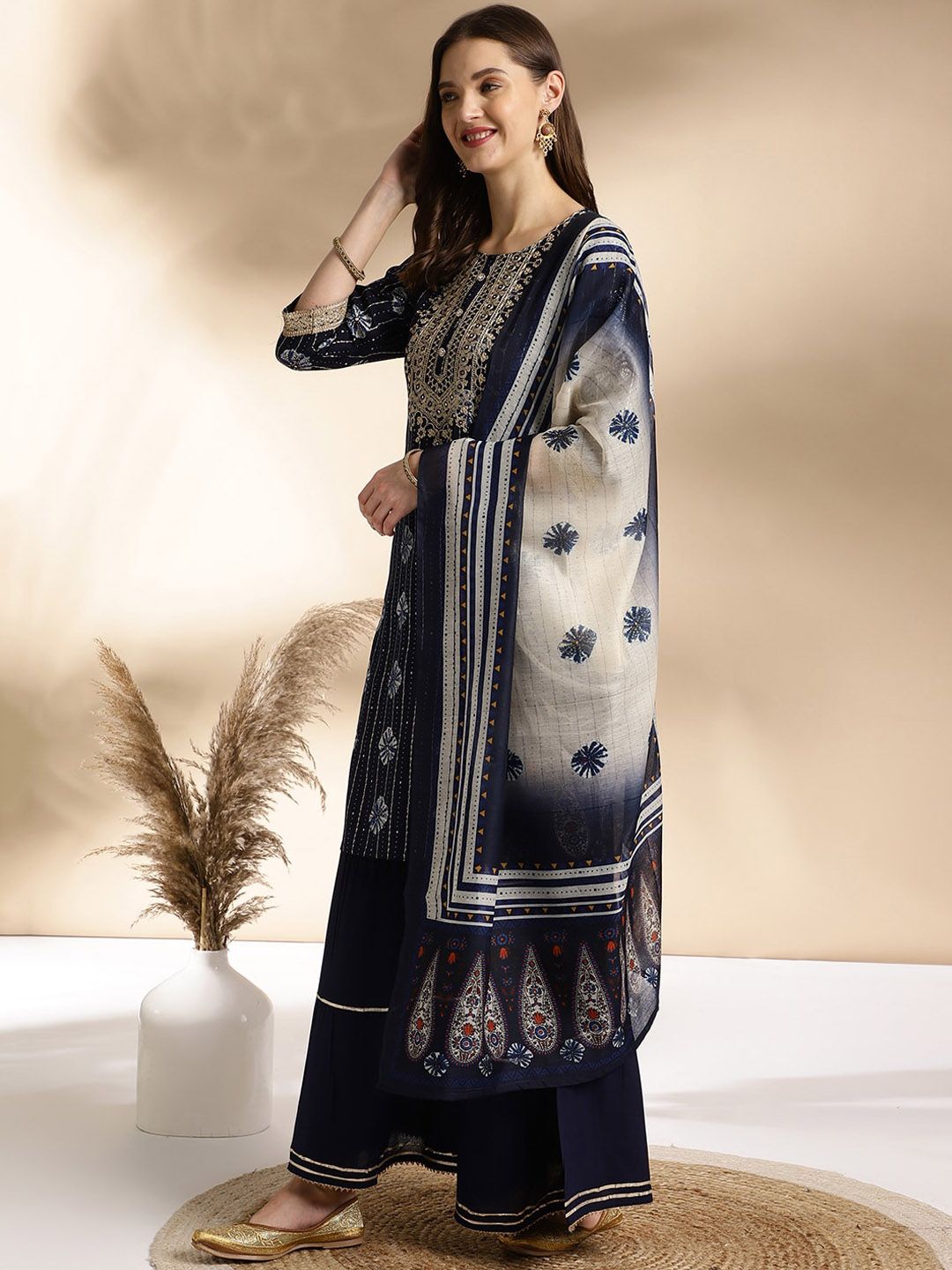 Dhiyona AN Blue Ethnic Motifs Embroidered Round Neck Straight Kurti With Sharara & Dupatta