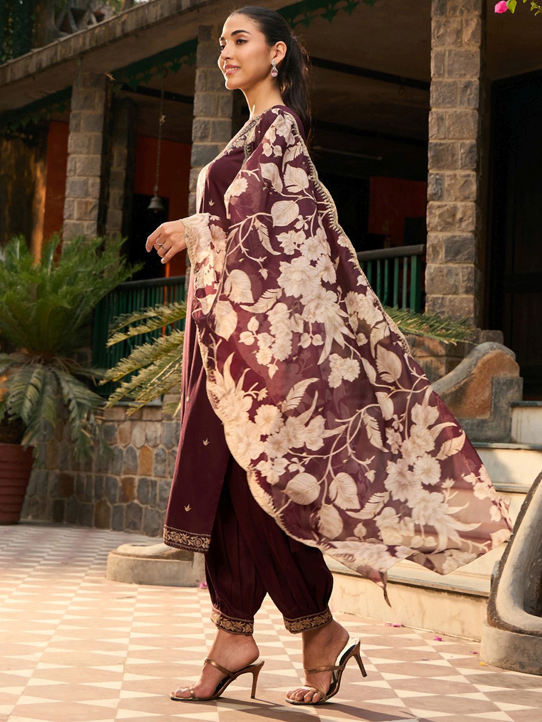 V Neck Ethnic Motifs Embroidered Regular Thread Work Kurta with Salwar & Dupatta
