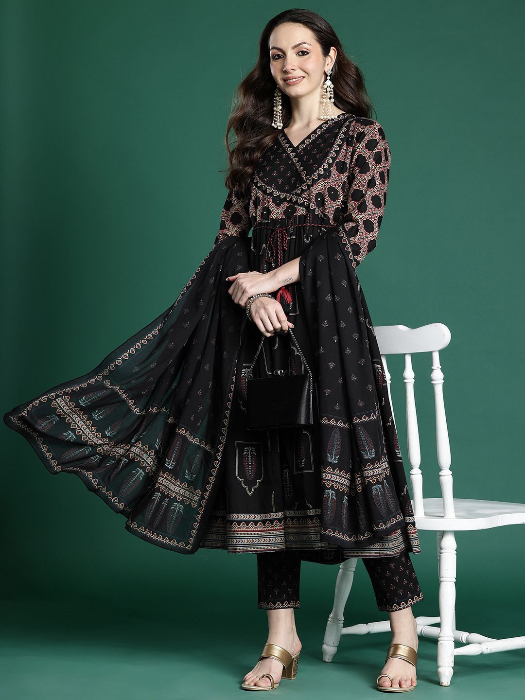 Dhiyona IE Ethnic Motifs Printed Angrakha Beads & Stones Pure Cotton Kurta Set