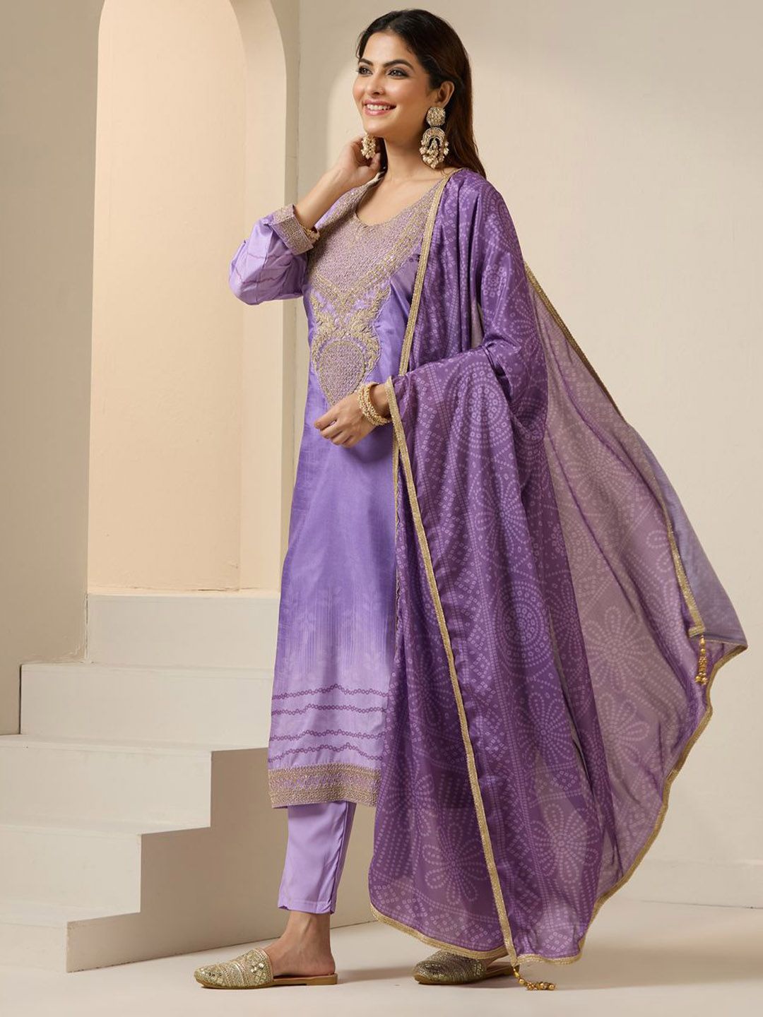 Dhiyona IS Women's Ethnic Motifs Embroidered Zari Work Straight Kurta with Trousers & Dupatta
