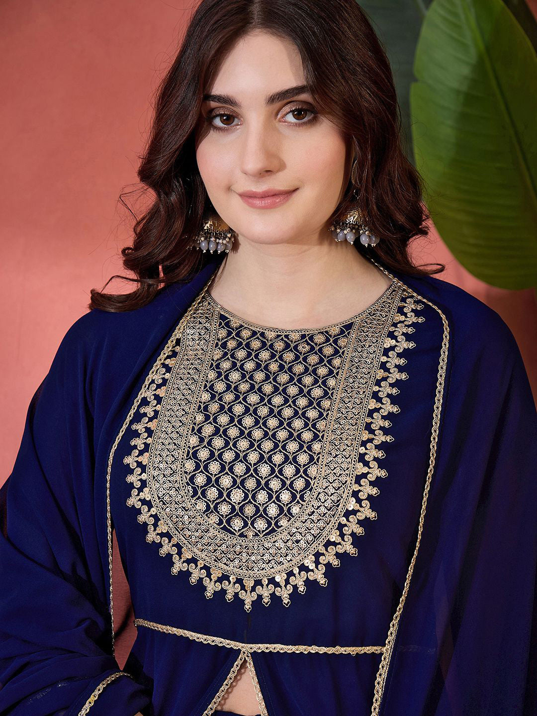 Zari Sequence Cording Embroidered Front Slit Kurta With Trousers & Dupatta