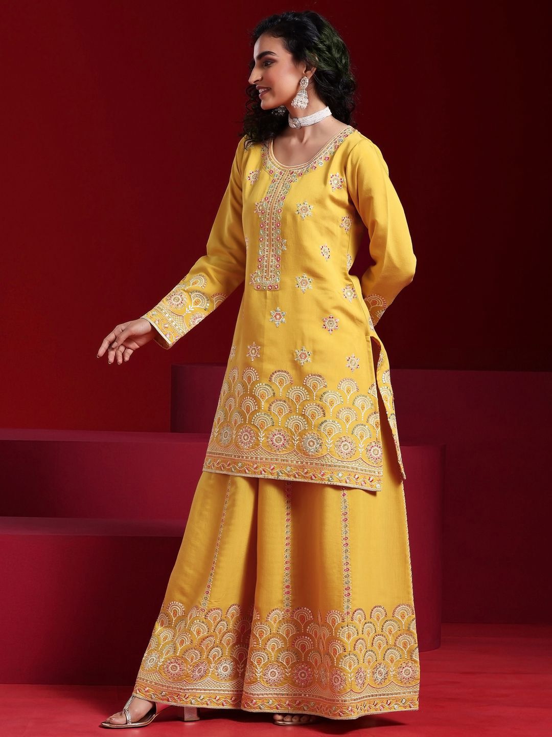 Dhiyona LL Floral Embroidered Sequinned Straight Kurta With Palazzos & Dupatta