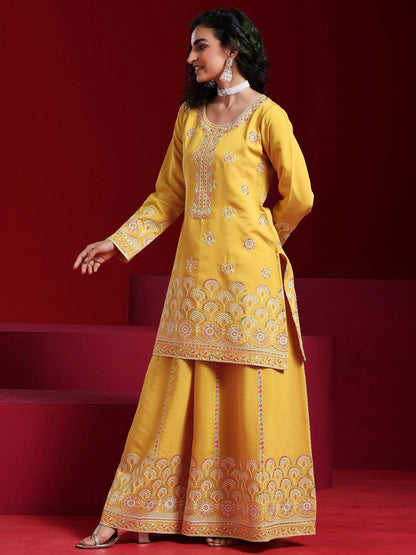 Dhiyona LL Floral Embroidered Sequinned Straight Kurta With Palazzos & Dupatta