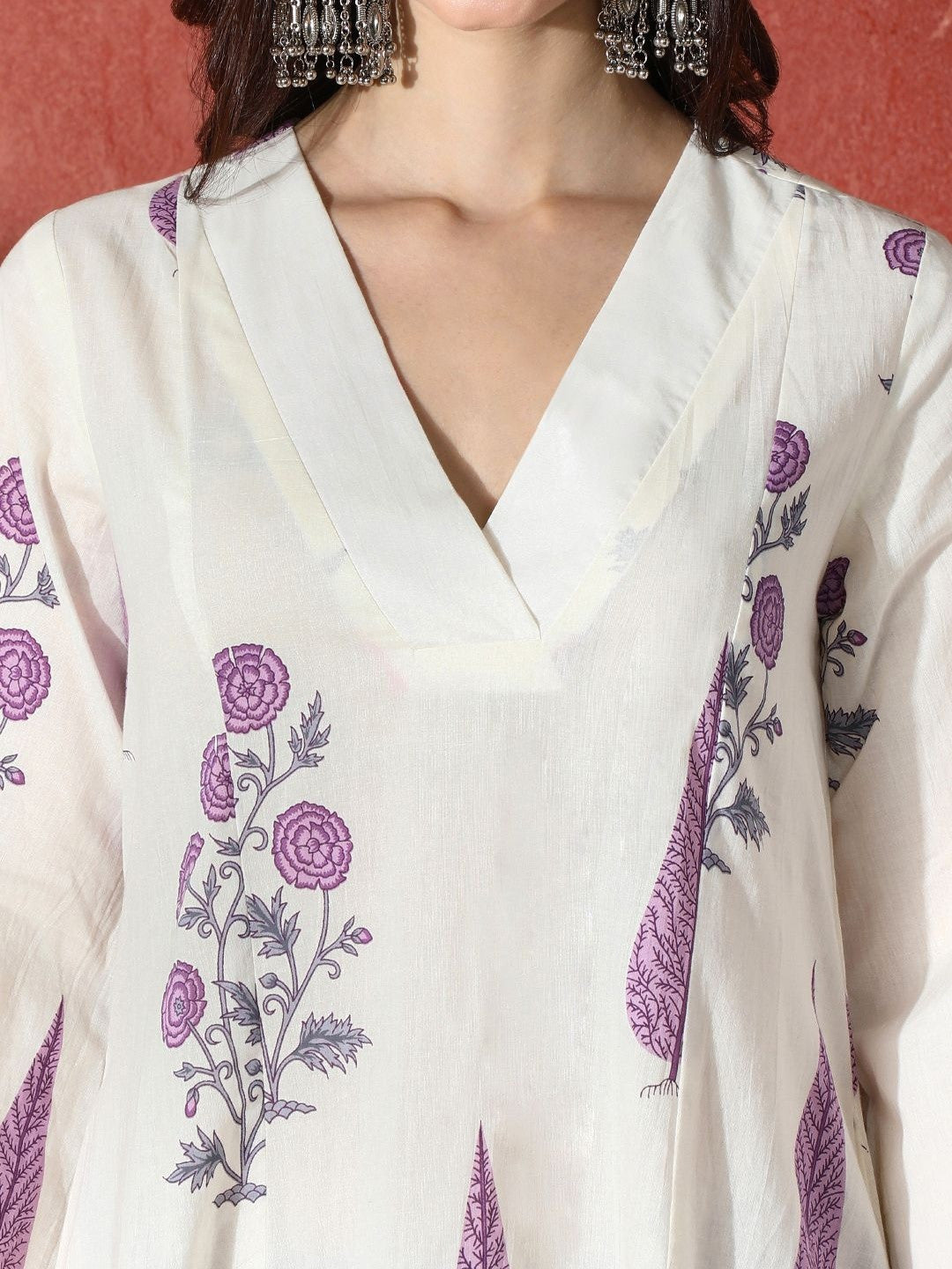 Printed Pure Cotton V-Neck Kurta Trousers & Dupatta