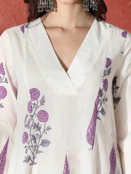 Printed Pure Cotton V-Neck Kurta Trousers & Dupatta