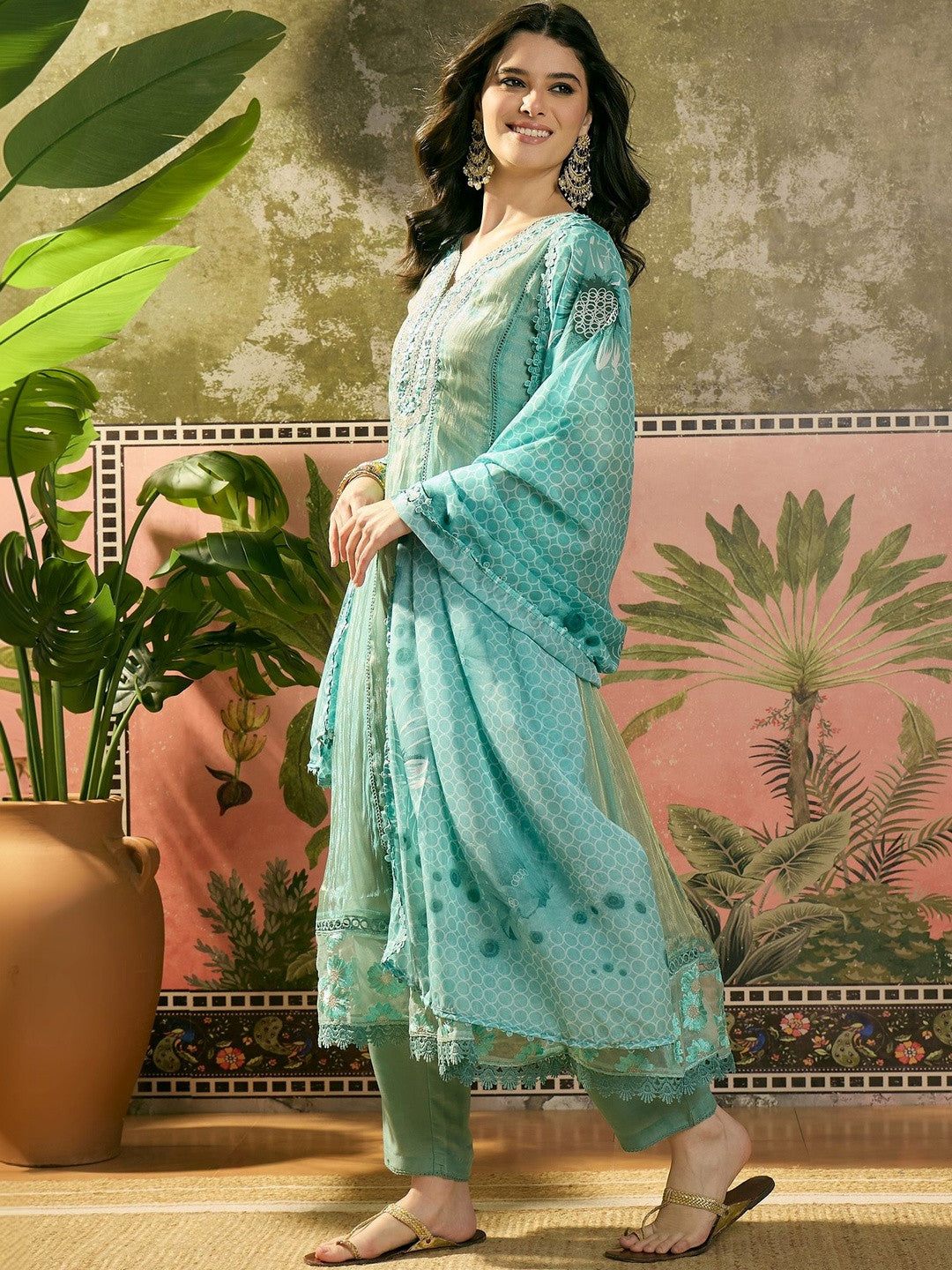 Embroidered V-Neck Kurta Trousers & Dupatta