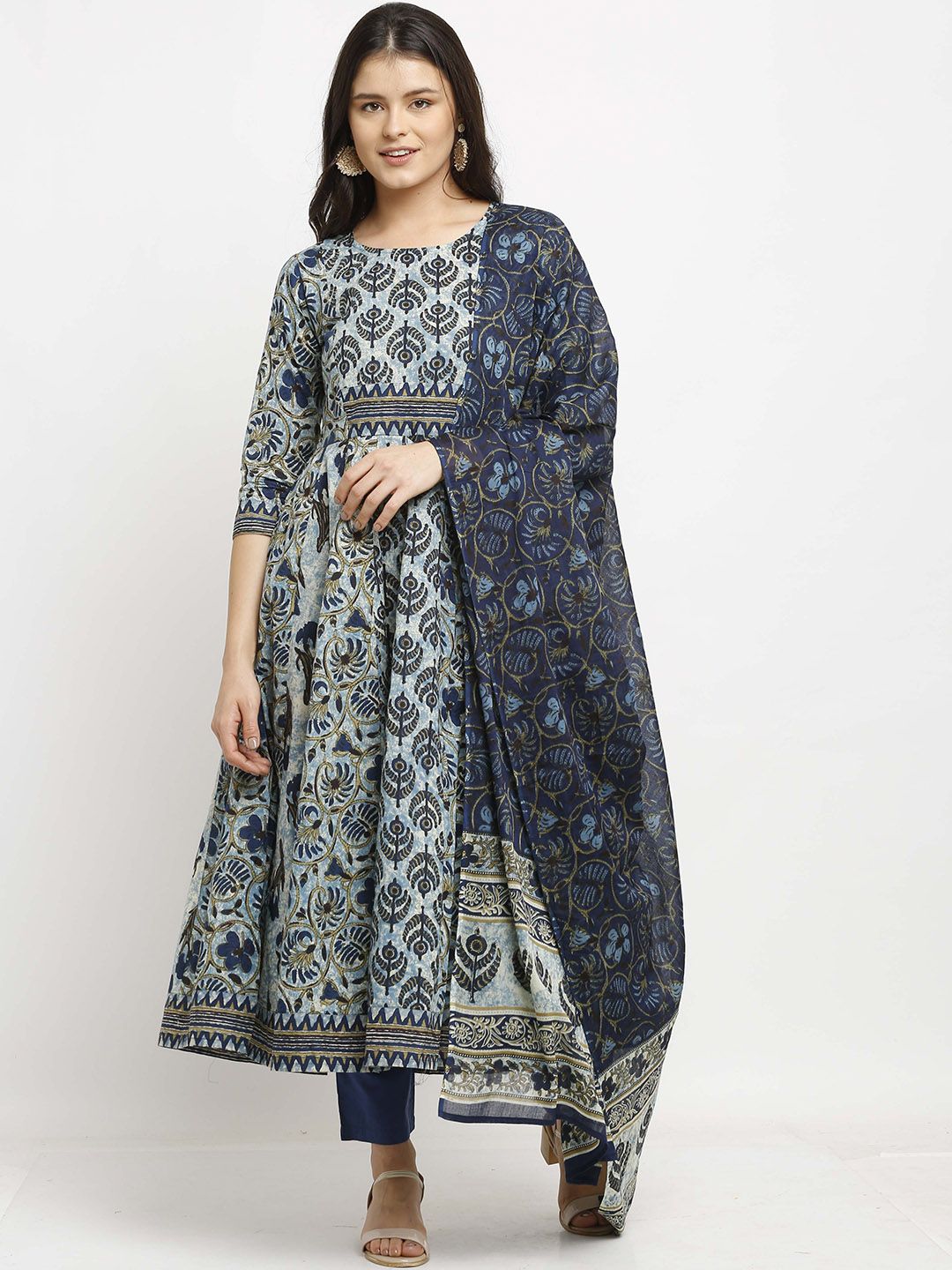 Dhiyona KL Ethnic Motifs Printed Pure Cotton Anarkali Kurta with Trousers & Dupatta