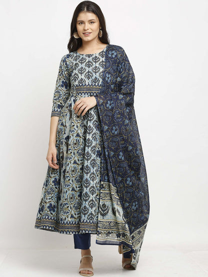 Dhiyona KL Ethnic Motifs Printed Pure Cotton Anarkali Kurta with Trousers & Dupatta