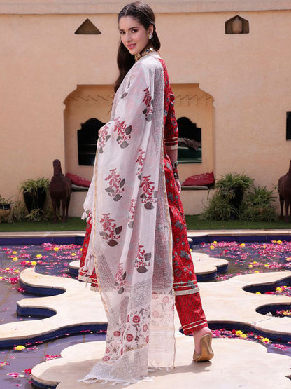 Red Floral Printed Mirror Work Pure Cotton A-Line Kurta Set