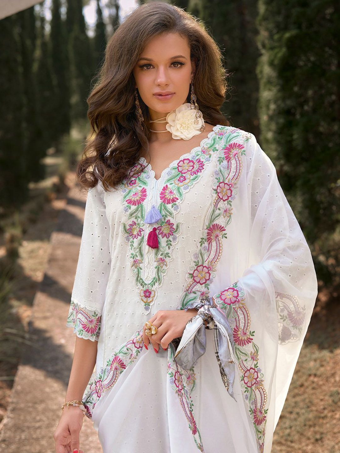 Women Floral Embroidered Regular Sequinned Pure Cotton Kurta & Trousers & Dupatta