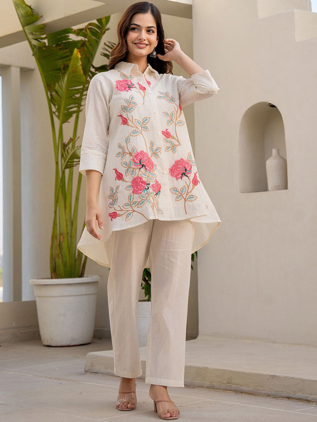 Floral Embroidered Thread Work Pure Cotton A-Line Kurta With Trousers