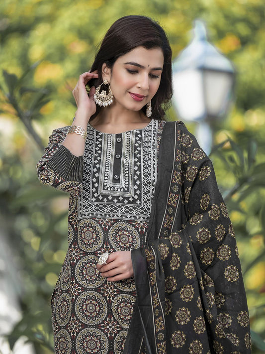 Dhiyona KL Ethnic Motifs Printed Pure Cotton Kurta with Trousers & With Dupatta