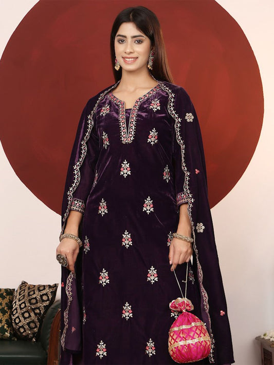 Dhiyona VA Floral Embroidered Regular Velvet Straight Kurta with Palazzos & Dupatta
