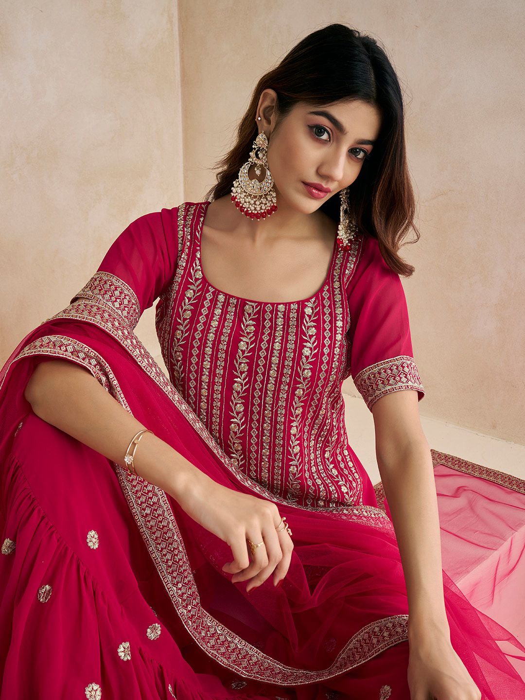 Dhiyona IN Magenta Floral Embroidered Straight Kurti & Sharara With Dupatta