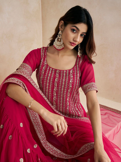 Dhiyona IN Magenta Floral Embroidered Straight Kurti & Sharara With Dupatta