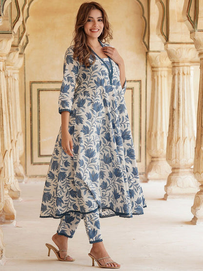 Dhiyona KL Floral Printed Pure Cotton Anarkali Kurta With Trousers & Dupatta