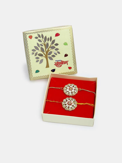 Dhiyona Unisex Set Of 2 Gold Kundan-Studded Bhaiya Bhabhi Rakhi Set With Roli Chawal