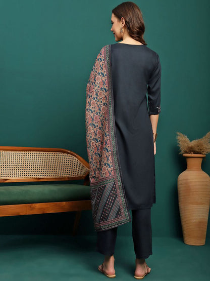 Floral Embroidered Thread Work Kurta with Trousers & Dupatta