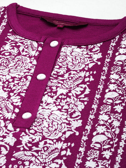 Floral Printed Band Collar Kurta with Trousers