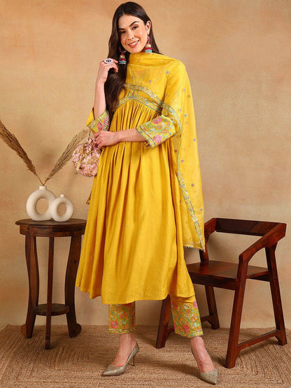 Dhiyona KL Floral Embroidered V-Neck Pleated Anarkali Kurta with Trousers & Dupatta