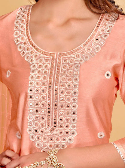 Dhiyona AN Orange Floral Embroidered Mirror Work Chanderi Cotton Kurta With Sharara & Dupatta