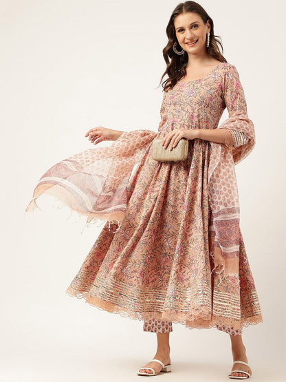 Dhiyona KL Floral Printed Gotta Patti Detail Pure Cotton Anarkali Kurta & Trouser With Dupatta