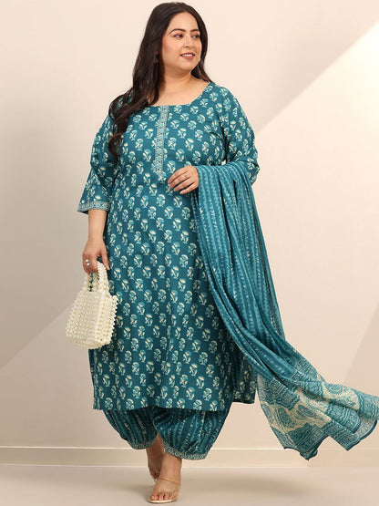 Dhiyona Women's Plus Size Floral Printed Straight Kurta With Salwar & Dupatta
