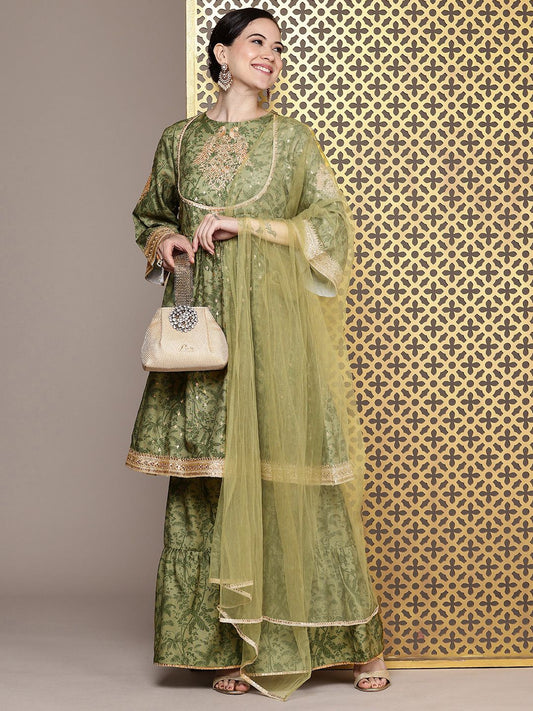 Dhiyona HOP Floral Printed Regular Sequinned Jashn Kurta with Sharara & Dupatta
