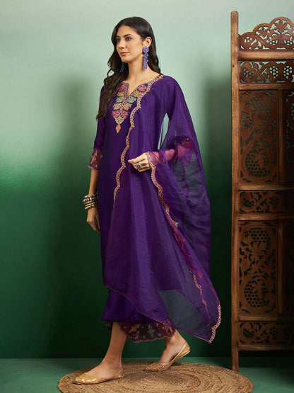 Dhiyona SN Women's Embroidered Notch Neck Kurta With Palazzo & Dupatta