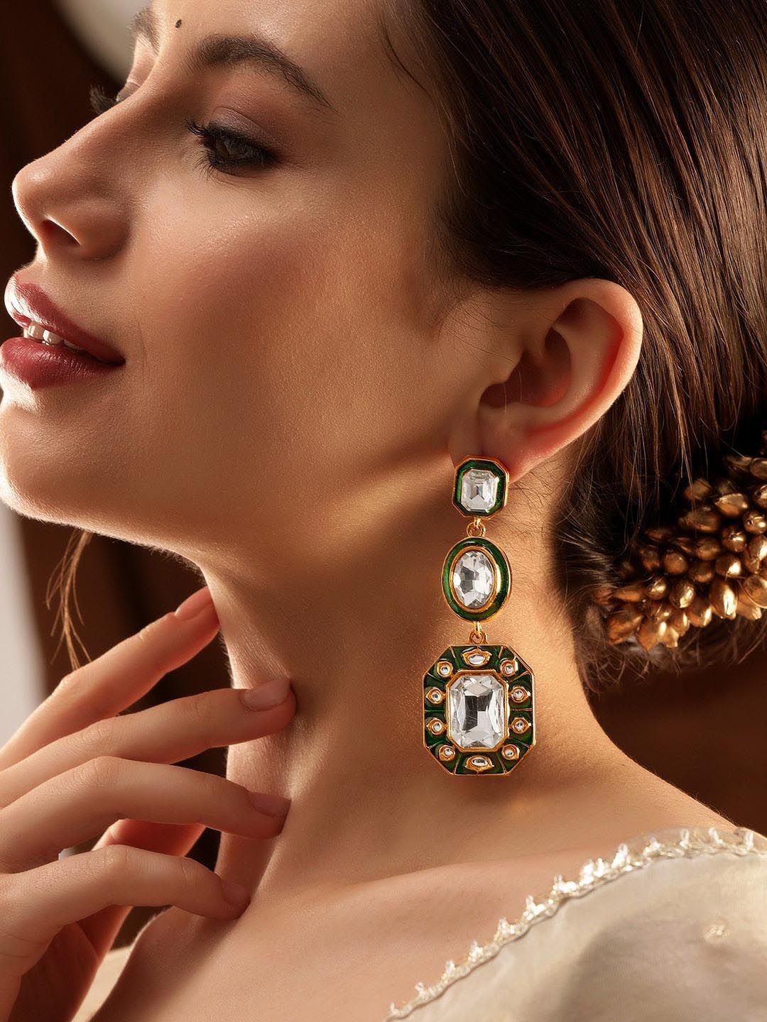 Dhiyona RJ Women's 22KT Gold-Plated Geometric Kundan Studded Drop Earrings