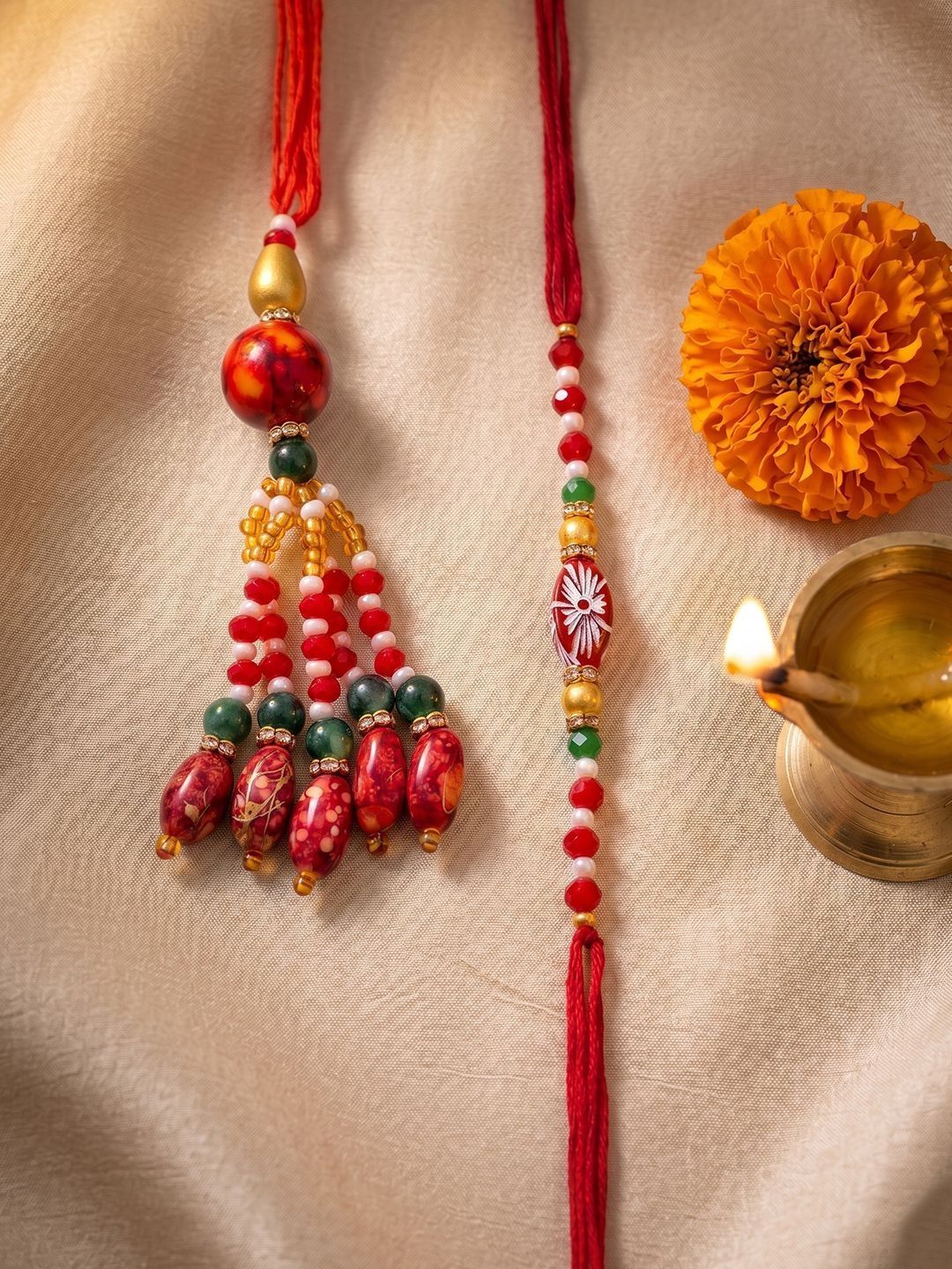 Dhiyona Set Of 2 Designer Red Artificial Beads Bhaiya Bhabhi Rakhi With Roli Chawal Chandan