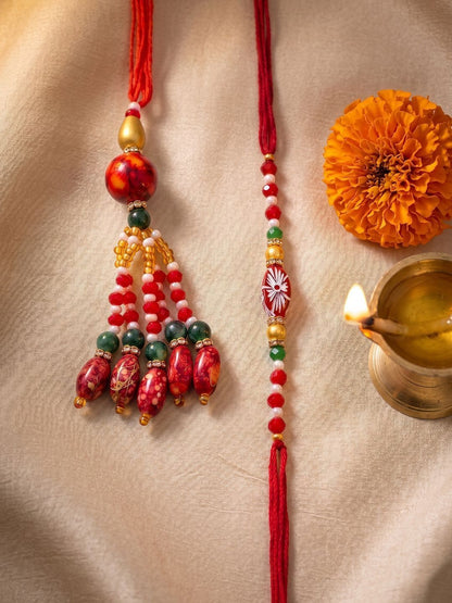 Dhiyona Set Of 2 Designer Red Artificial Beads Bhaiya Bhabhi Rakhi With Roli Chawal Chandan