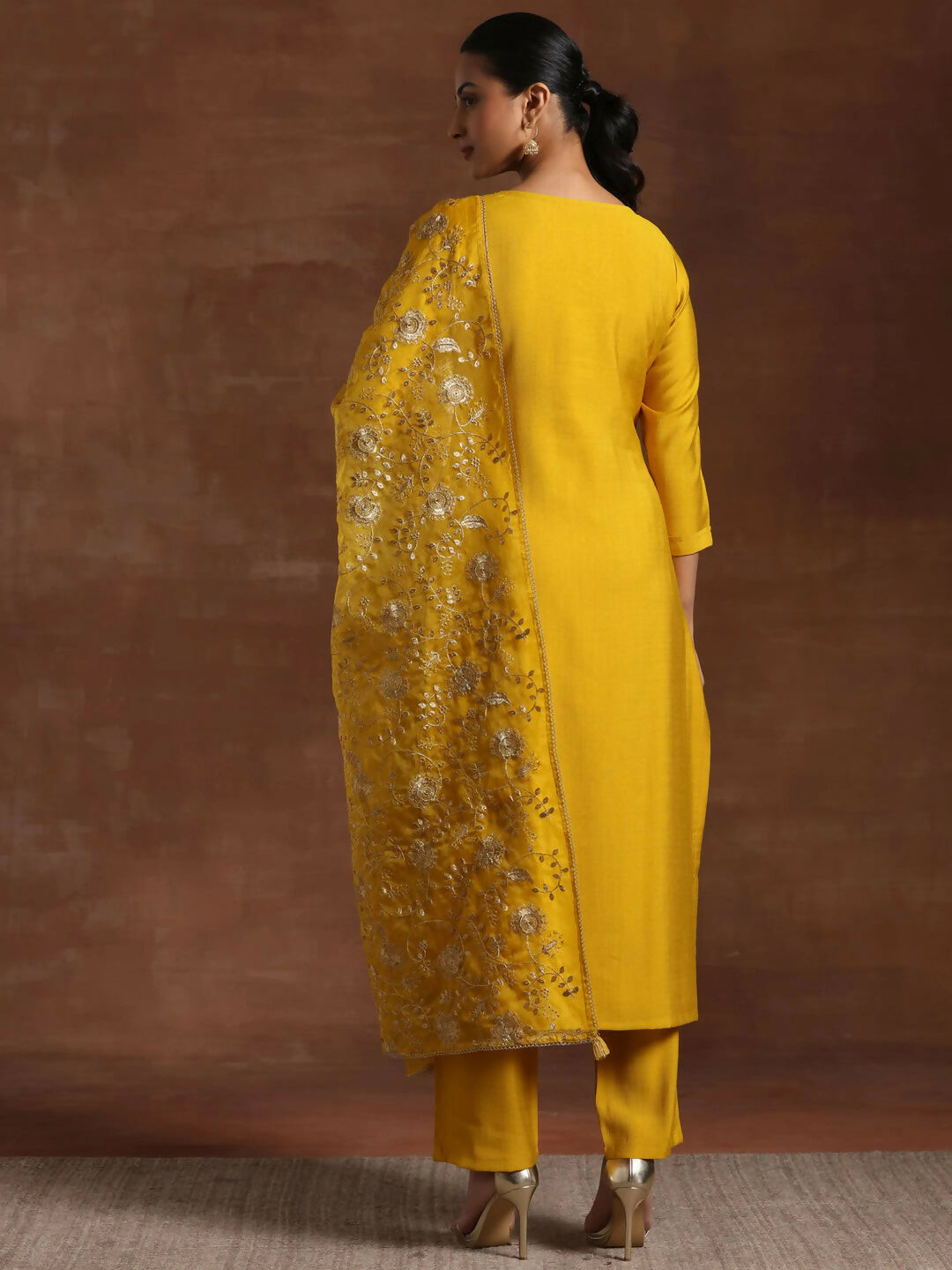 Women's LB Mustard Embroidered Silk Blend Straight Suit With Dupatta