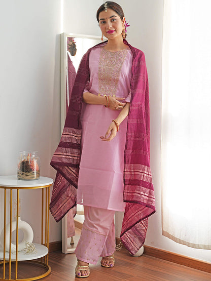Floral Embroidered Sequinned Chanderi Silk Straight Kurta & Palazzo With Dupatta
