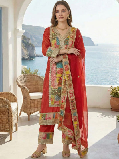Dhiyona IE Women Floral Printed Regular Gotta Patti Kurta with Palazzos & With Dupatta