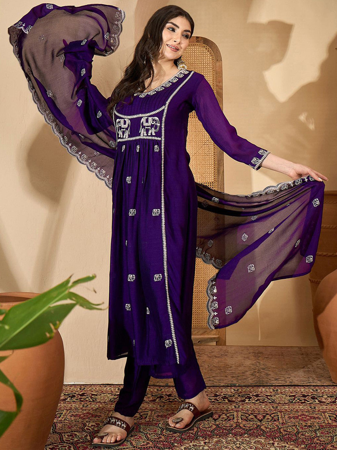 Dhiyona SN Ethnic Motifs Embroidered Pleated Sequinned A-Line Kurta With Trousers & Dupatta
