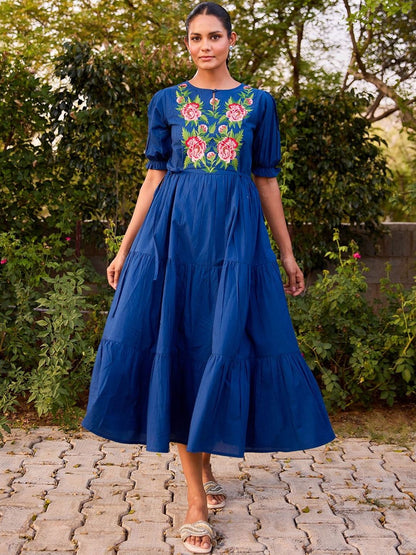 Dhiyona AY Women's Embroidered Round Neck Fit and Flare Ethnic Dresses