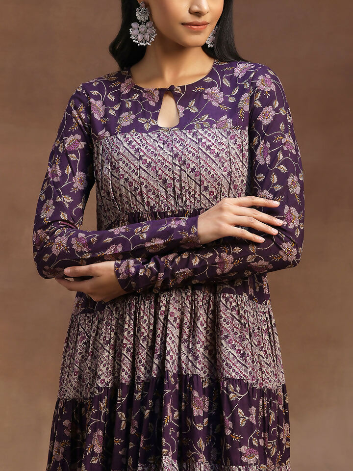 Women's LB Purple Printed Cotton A-Line Kurta With Churidar & Dupatta