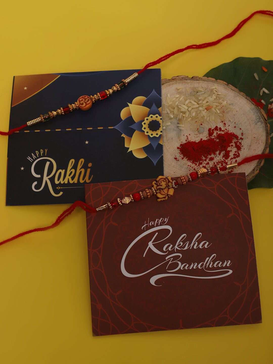Dhiyona Unisex Set Of 2 Beaded Thread Rakhi With Greeting Card