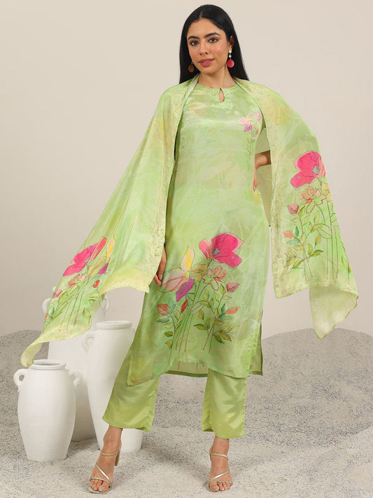 Floral Printed Keyhole Neck Straight Kurta With Trousers & Dupatta