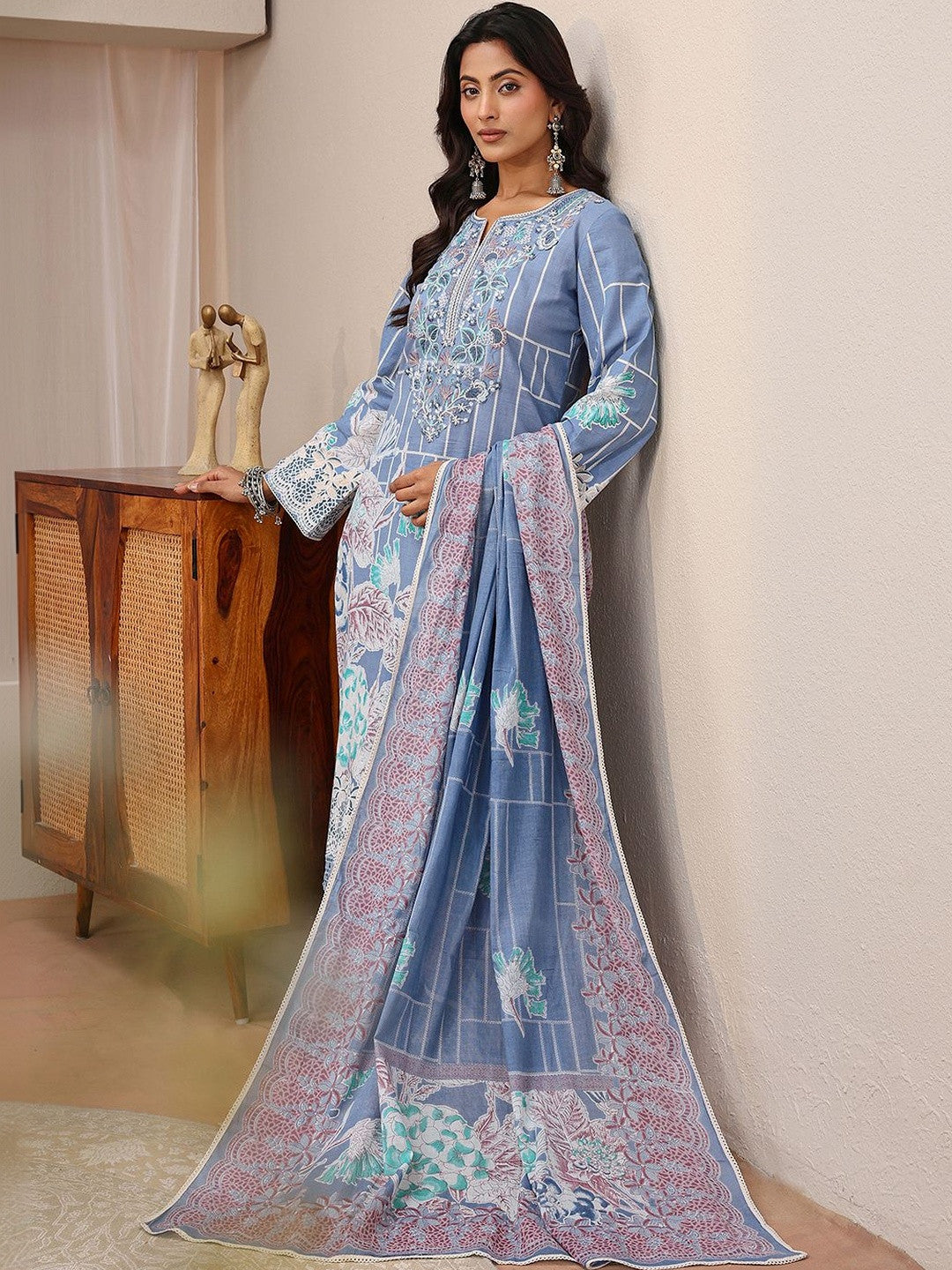 Blue Floral Printed Cotton Straight Suit Set