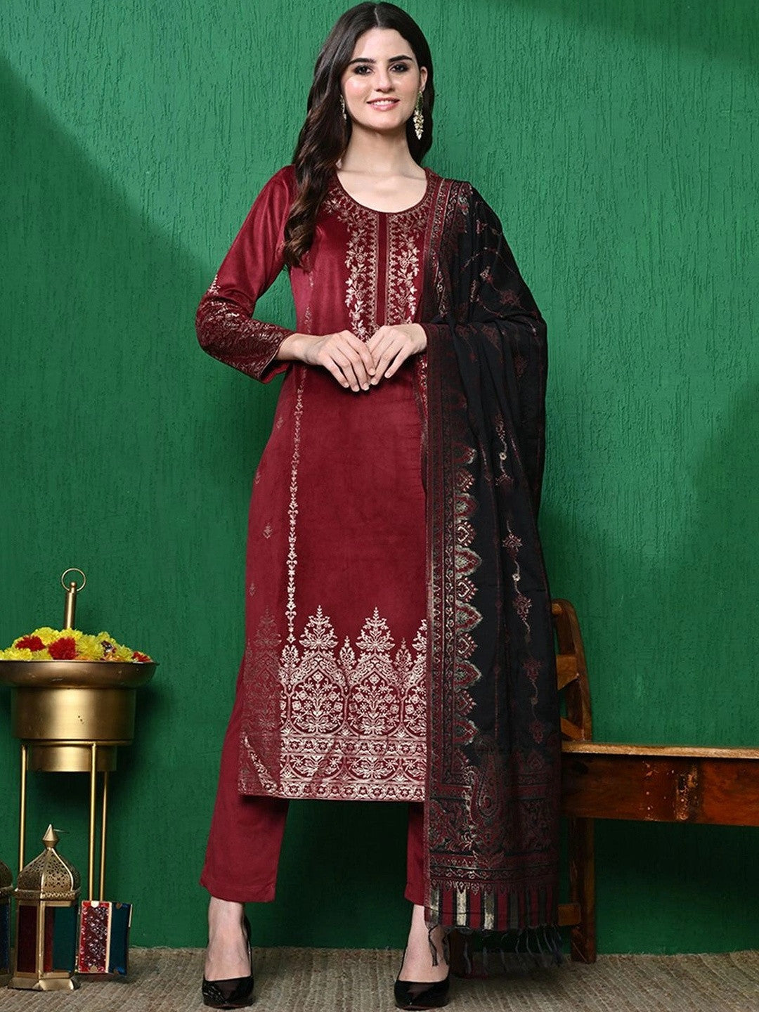 Dhiyona SN Maroon Floral Printed Winter Velvet Kurta & Trouser With Dupatta