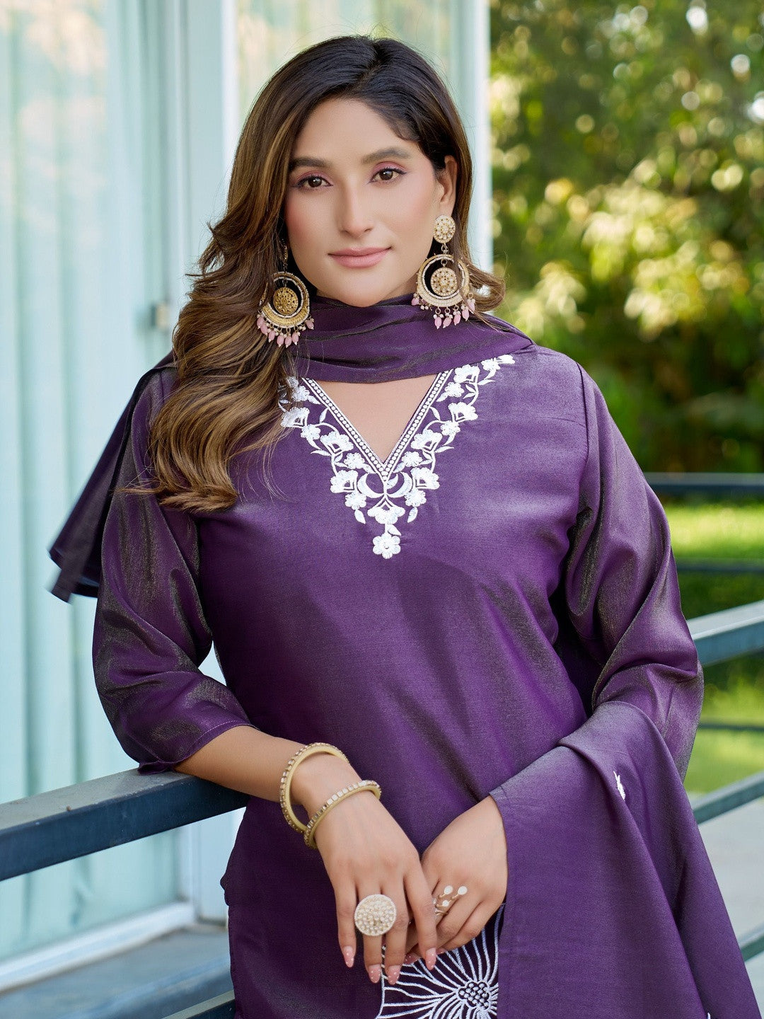 Embroidered V-Neck Kurti & Trousers With Dupatta
