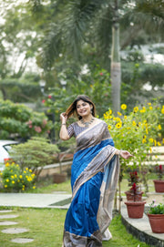 Women Yogita Madhubani 3 Blue Saree With Unstiched Blouse